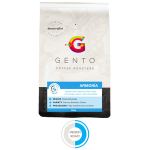 medium roast coffee from Huehuetenango with tasting notes of orange, peach, and chocolate