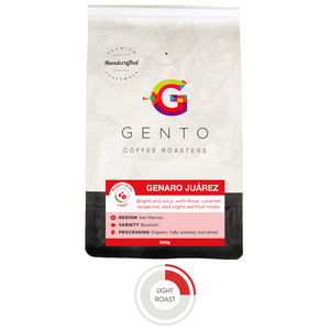 light roast coffee from San Marcos with tasting notes of floral, caramel, tangerine, and slight red fruit